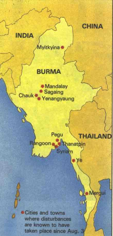 Burma map, Towns in protest 1988