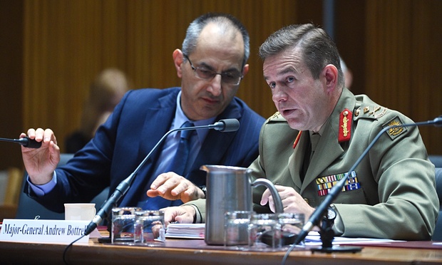 Michael Pezzullo (left) and Maj Gen Andrew Bottrell at the Senate inquiry in Canberra; picture The Guardian.